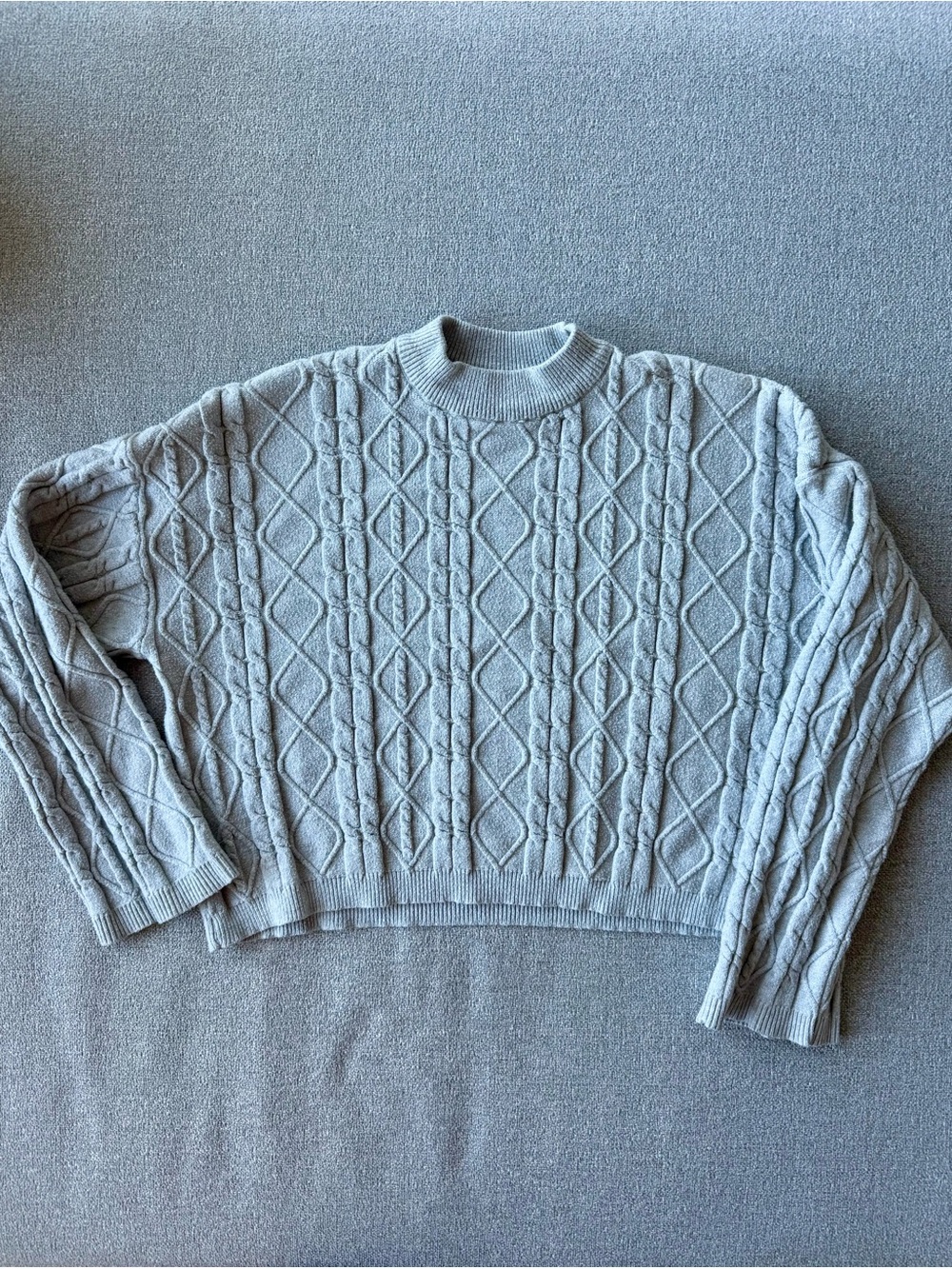 Pink Rose Cable Knit Crewneck Flare Sleeve Sweater in Light Gray